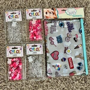 NWT 5 PC Chloe Hair Pink and Clear Bead Pencil Case Set